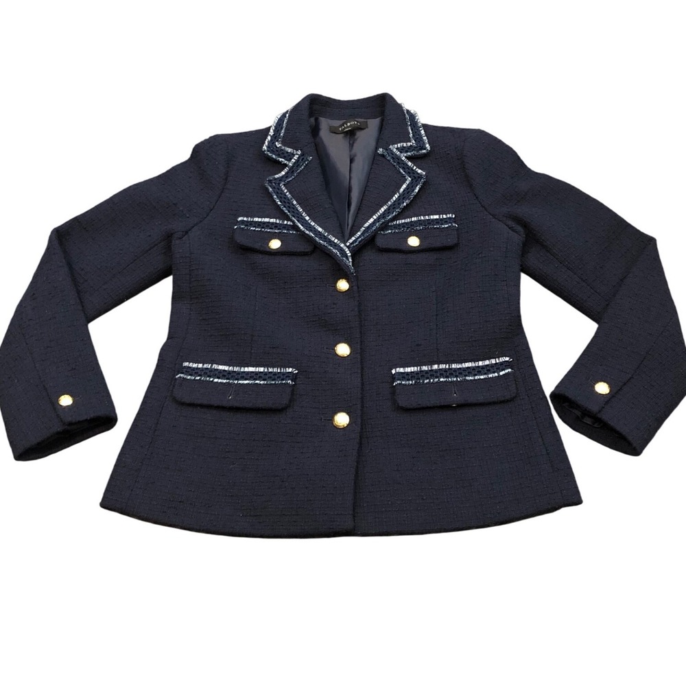 Talbots Blazer Womens 2 Navy Blue Tweed Gold Button Trimmed Jacket - Picture 2 of 10